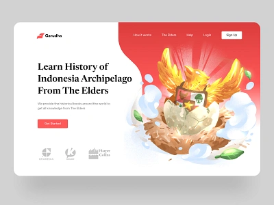 Garudha Landing Page Illustration bird nest book born character digital painting garuda history illustration indonesia ipad journal landing page landingpage litteracy mascot pancasila symbol ui wacom website