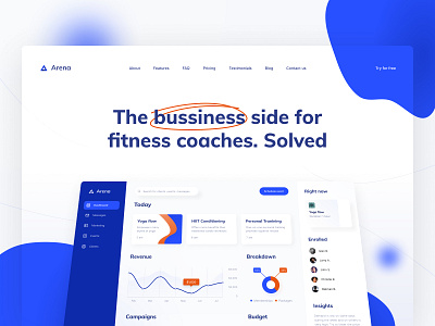 Arena: the business side for fitness coaches. Solved. admin admin panel analytics chart dashboard dashboard ui design system fitness fitness app fittech interface landing landing page product design product page saas statistics visual design web web design