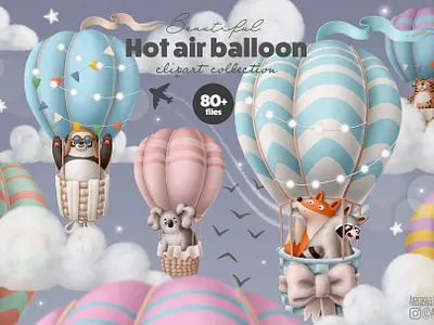 Hot air balloon clipart collection animals cartoon character clipart design doodle drawing illustration nursery print