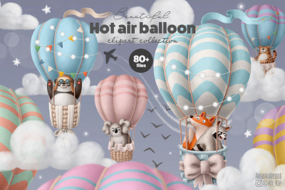 Hot air balloon clipart collection animals cartoon character clipart design doodle drawing illustration nursery print