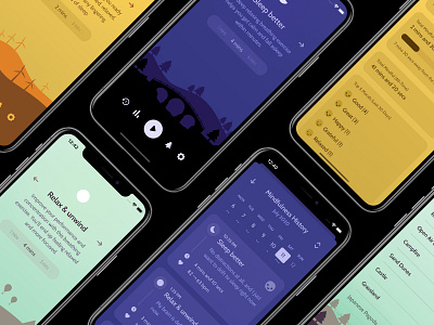 Unwind 2 - Final Designs app breathing calm design illustration iphone iphone 11 iphone app iphone x iphonex meditation mindfulness mobile nature stats timeline ui unwind ux