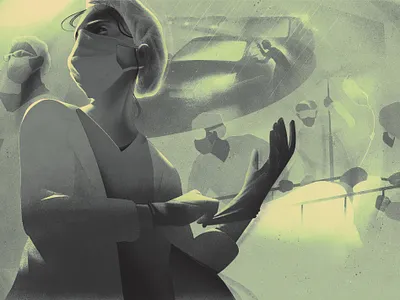 On The Frontline digital doctors editorial eleni debo folioart hospital illustration medical monochrome pandemic texture