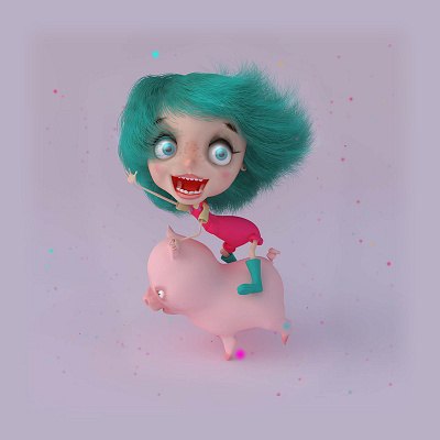 Girl and Pig 3d 3d animation 3d art animation blue hair character character design cinema4d crazy girl design girl illustration kid pig ride ride pig ridegirl shorcut toddler