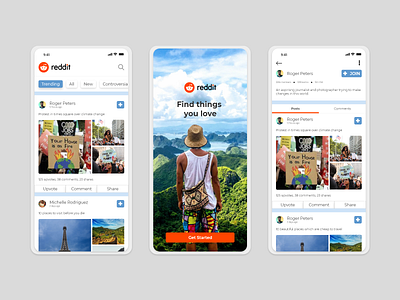 Reddit App Redesign all app color comments design explore minimalist onboarding ui post reddit search share travel trending ui upvote user experience user interface ux world