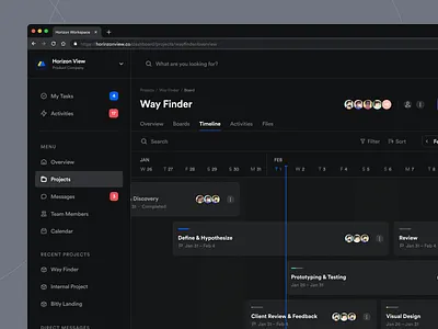 Project Management Dashboard — Project Timeline Dark Mode analytics calendar clean dark mode dashboard design interface project management roadmap saas side bar task task app task management timeline ui ui design ux web web app
