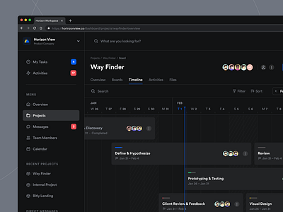 Project Management Dashboard — Project Timeline Dark Mode analytics calendar clean dark mode dashboard design interface project management roadmap saas side bar task task app task management timeline ui ui design ux web web app