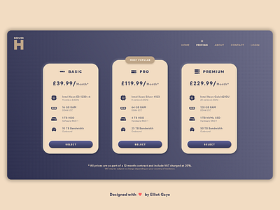 DailyUI #030 - Pricing adobe illustrator adobe xd daily 100 challenge daily ui dailyui gold modern design neumorphism pricing pricing page pricing plan pricing plans pricing table royal server server hosting theoretical ui ux violet