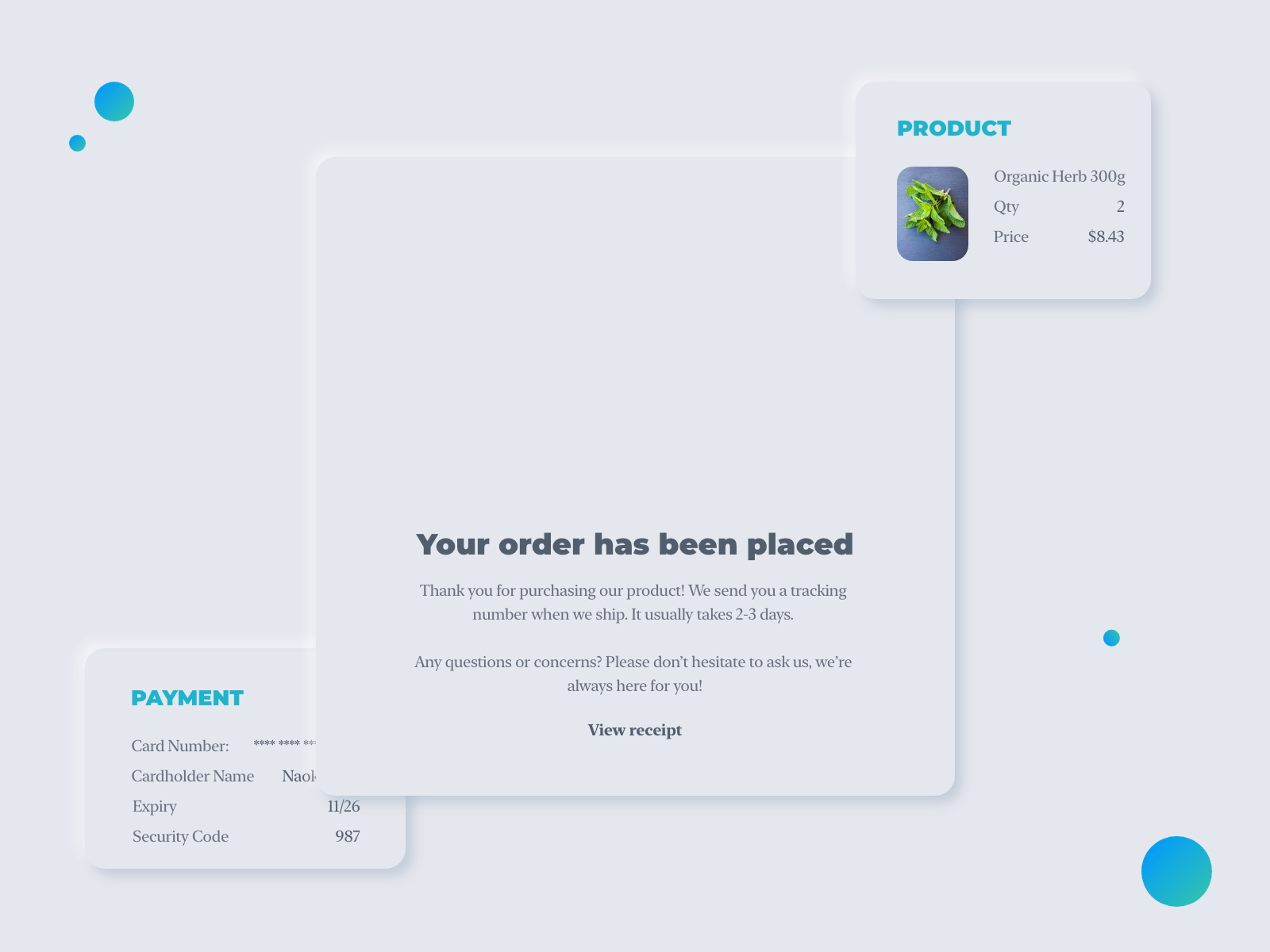 Example of neumorphism in User Interface - Order complete