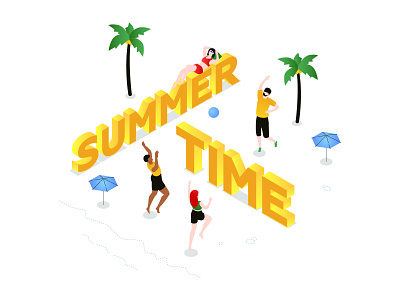 Summertime isometric illustrations beach design illustration isometric isometry sea style summer sunbathing vacation vector volleyball