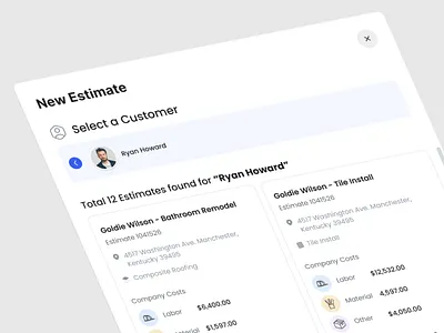 New Estimate clean ui company costs construction costs cost breakdown edit estimate edit invoice estimate modal estimation invoice labor cost modal price pop up select a customer service cost web app webdesign