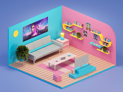 Blue and Pink 3dillustration 3dmodeling blender illustraion illustration isometric low poly lowpoly lowpolyart room