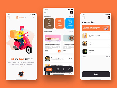 CoffeeShop - app design concept app app design appdesign bike branding coronavirus covid19 delicious delivery delivery app food illustration shopping bag shopping cart ui uidesign uiux uiuxdesign ux welcome screen