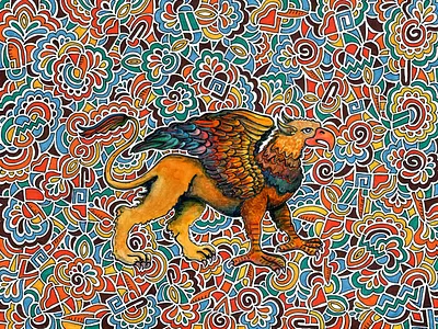 Griffin Drawing Meditation abstract art artwork cards color commission design drawing drawing meditation egypt egyptian exhibition griffin illustration illustrator pattern
