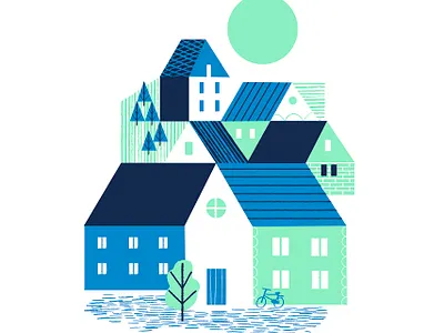Full moon blue digital illustration geometic houses illustration landscape mint peaceful village