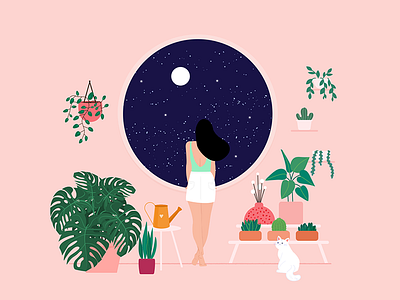 Summer Nights botanical cat design earth evening green illustration italy milan night plant plants sky stars summer sunset visual woman