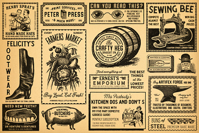 Vintage Newspaper Adverts anvil baking barrel boots cake cakes dentures glasses keg machine newspaper newspapers pig print sewing soap teeth veg vegetables vintage