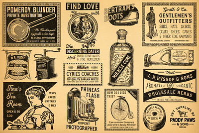 Vintage Newspaper Adverts 2 bottle camera coach coffee dog gentleman grinder magnifying glass newspaper newspapers outfitter paper penny farthing vintage