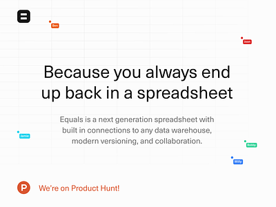 Equals Launch! branding equals marketing page product hunt spreadsheet ui ux visual identity