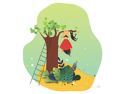 Swing, Inktober 2019 design green hangingcat hanginggirl illustration inktober2019 ladder nature swing tiking