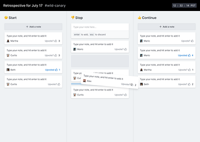 Start, stop, continue board cards columns continue drag figma hover kanban notes order start stop web