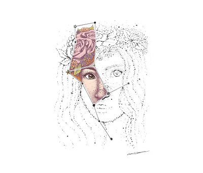 Virgo constellation conceptual constellations digital art drawing floral crown flowers freckles girl illustration green eyes pen drawing photoshop art redhead stars virgo zodiac woman illustration zodiac art