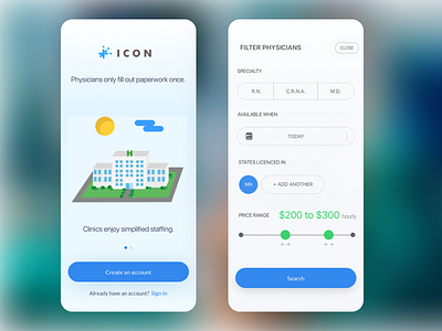 Icon Anesthesia On-Demand account creation app application clean filter flat hospital illustration ios iphone medical minimal search sign up signup slider white