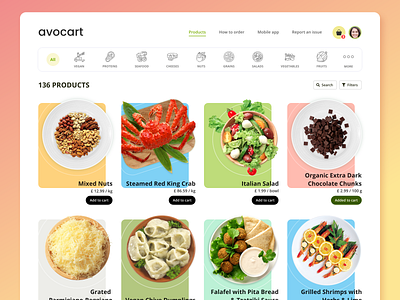 Avocart - Product List avocado food online shopping online store organic product design product list product page ui ui ux ui design uiux ux uxdesign