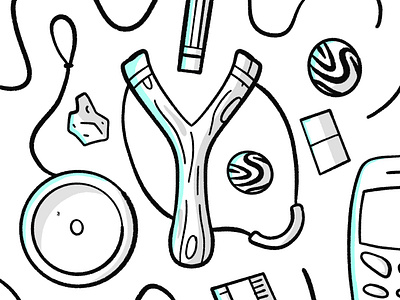 School essentials ball black bouncy dribbble flat icon illustration phone rock rubber ruler shot sketch sling slingshot stroke vector white yoyo