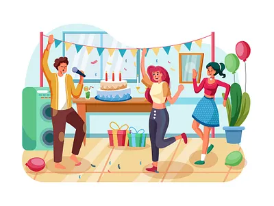 Dances on birth day party illustration concept celebration cheerful concept cooking dance decoration drink eating enjoying holiday illustration interface party summer talking together vector weekend