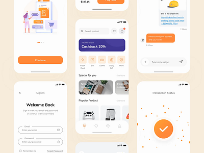 Tokoto E-Commerce | Continue animation cartoons chat clean ui clen complete e commerce e shop ecommerce help center marketplace message mobile orange shop shopping app startup store trend ui design