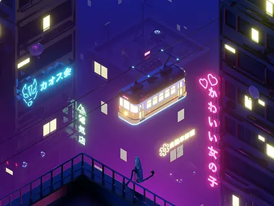 Cyberpunk Tram City 3d art 3d artist cyberpunk illustration low poly lowpolyart neon neon light neon sign tram