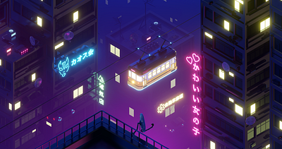 Cyberpunk Tram City 3d art 3d artist cyberpunk illustration low poly lowpolyart neon neon light neon sign tram