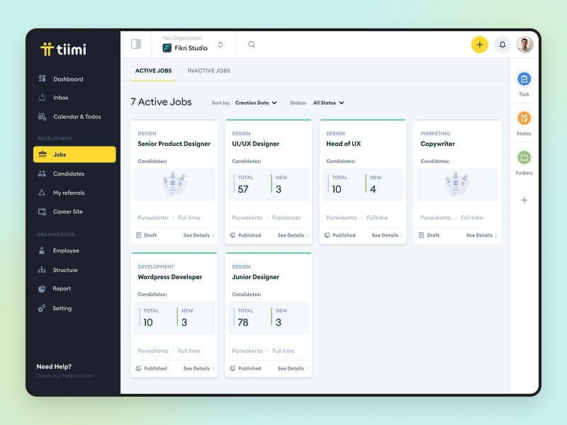 Tiimi - Job List for a SaaS HR Management System candidate dashboard employee hiring hr hrd hrm hrs human resources job management product design saas saas design team ui ux vacancy web design webapp