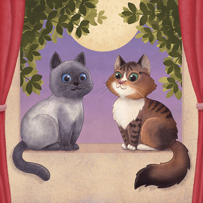 Two Cats in a Window cats illustration moonlight procreate window