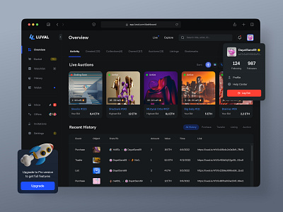 Luval - NFT Dashboard bitcoin black clean crypto cryptoart dark dashboard design exploration landing page marketplace nft nfts ui ui design ux ux design website