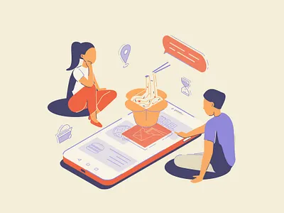 Let's order something! 2d art adobeillustator delivery delivery app design fastfood flat food geolocation illustration isometric illustration isometry order peoples phone vector