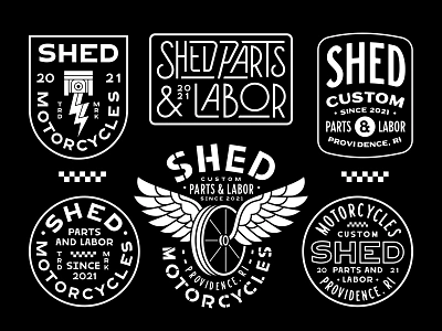 Badges & Custom Types apparel badge design badges branding custom type design geometric illustration line lineart logo logo design merch minimal monoline motor motor custom motorcycle simple tshirt