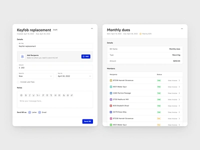 Slideout Trays app billing clean dashboard due fields hoa members notes payments recipents report request slideout tray ui ux web