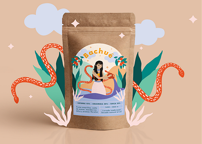 Bachué brand coffee colombia illustration illustrator ipadpro label label design label packaging leaves mountain native nature packaging procreate snake star