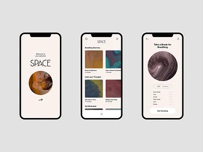 SPACE Mobile App breathing layout meditate meditation meditation app mental health mindfulness minimal minimalist mobile mobile app mobile design modern typography