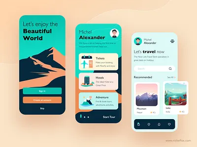 Travel app concept adventure art booking app branding clean color design destination exploration gradient hotels illustration minimal mobile travel travel agency trip ui vacation vector