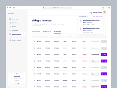 Traba - Invoices app business dashboard data design employee employer invoice management navigation notifications product shift sidebar table ui ux web work