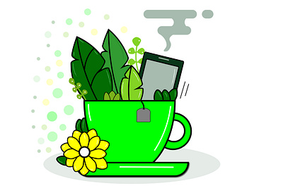 illustration of a cup and phone on a white background, artwork illustration isolated вектор дизайн зеленый иллюстрация кофе кружка логотип мультик рисунок телефон фон цветок