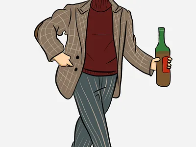 Man wearing a hat in a suit and with a bottle of wine illustration персонаж