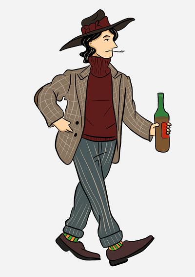 Man wearing a hat in a suit and with a bottle of wine illustration персонаж