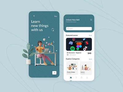 e-learning app card design e learning home page icons illustration light mode mobile app nav bar onboarding