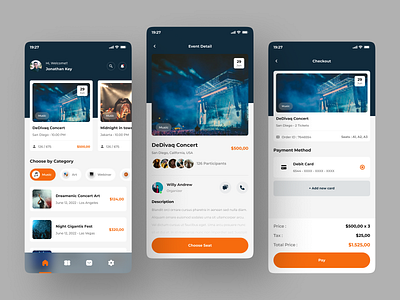 Evina - Event Mobile App UI Kits app booking clean concert event eventapp ios app minimalist mobile ticket ui ui kit uidesign uiux ux