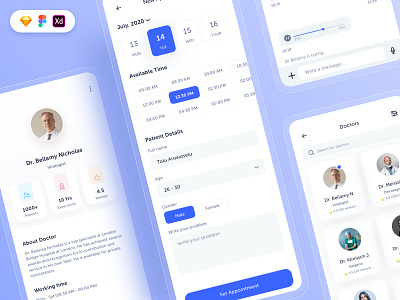 Doctors Appointment UI Free Kit app cards chat concept design doctor free download free ui kit freebie illustration messaging ui ui design uiux design ux