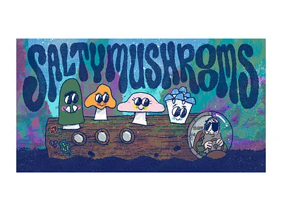 Salty Mushrooms boat dungeons and dragons gille illustration log mushrooms procreate team title