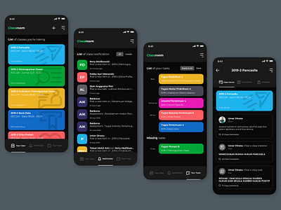 Classroom App UI - Dark Theme app app design application classroom dark mode dark theme dark ui darkmode learning learning app learning platform school app schools student student work students task task list tasks todo